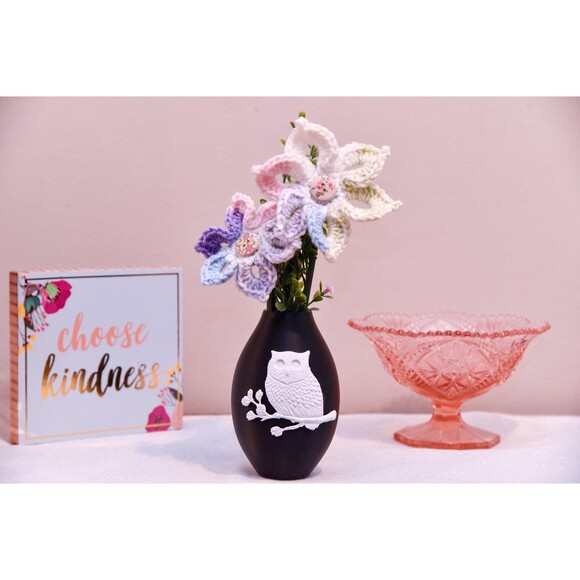 Crochet Flowers and Vase, Decorative Owl Vase Floral Arrangement for Home Decor - Picture 1 of 1
